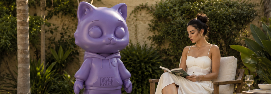 Nina by BANG BANG EG, a purple limited edition art toy sculpture displayed in a luxury garden beside a woman reading, representing contemporary art and collectible design.
