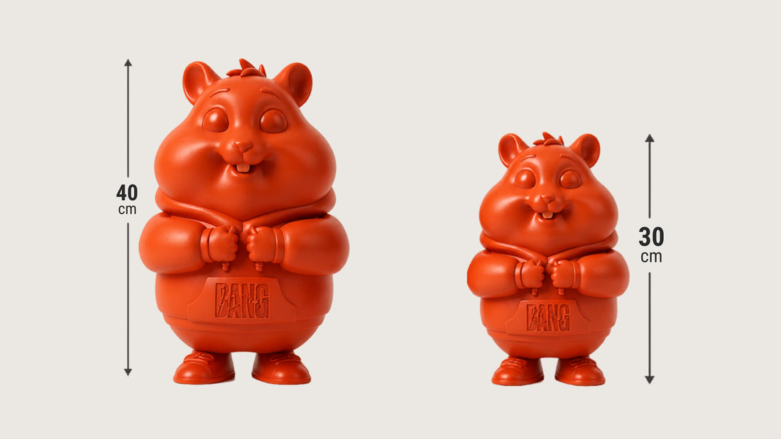 Bang Bang EG Humpo handmade art toy figure shown in 30cm and 40cm sizes side by side, comparing collectible resin sculpture scale