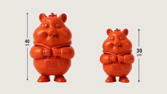 Bang Bang EG Humpo handmade art toy figure shown in 30cm and 40cm sizes side by side, comparing collectible resin sculpture scale