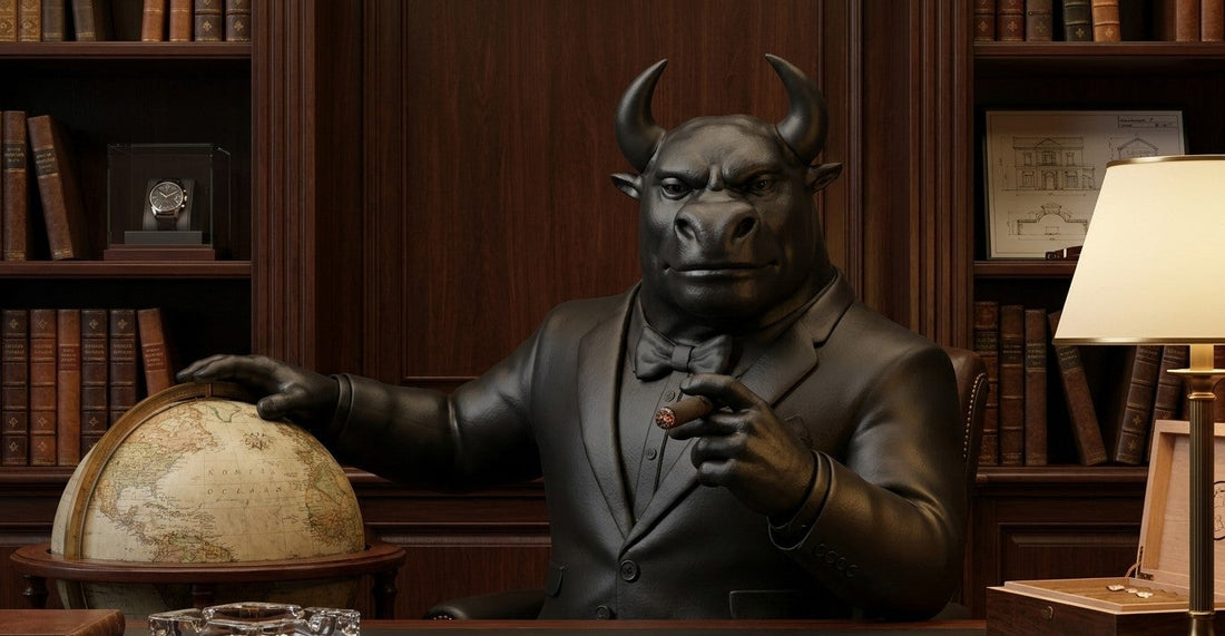Monitor by BANG BANG EG luxury designer bull art toy collectible figure in matte black suit, handcrafted limited edition sculpture with premium contemporary art design.